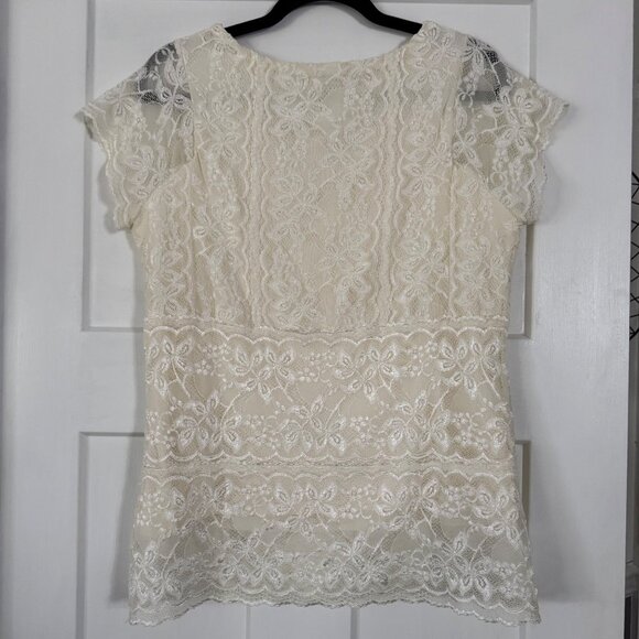 Vintage One West Women's Ivory Short Sleeve Lacey Blouse Sz XL Made In USA - Picture 4 of 8